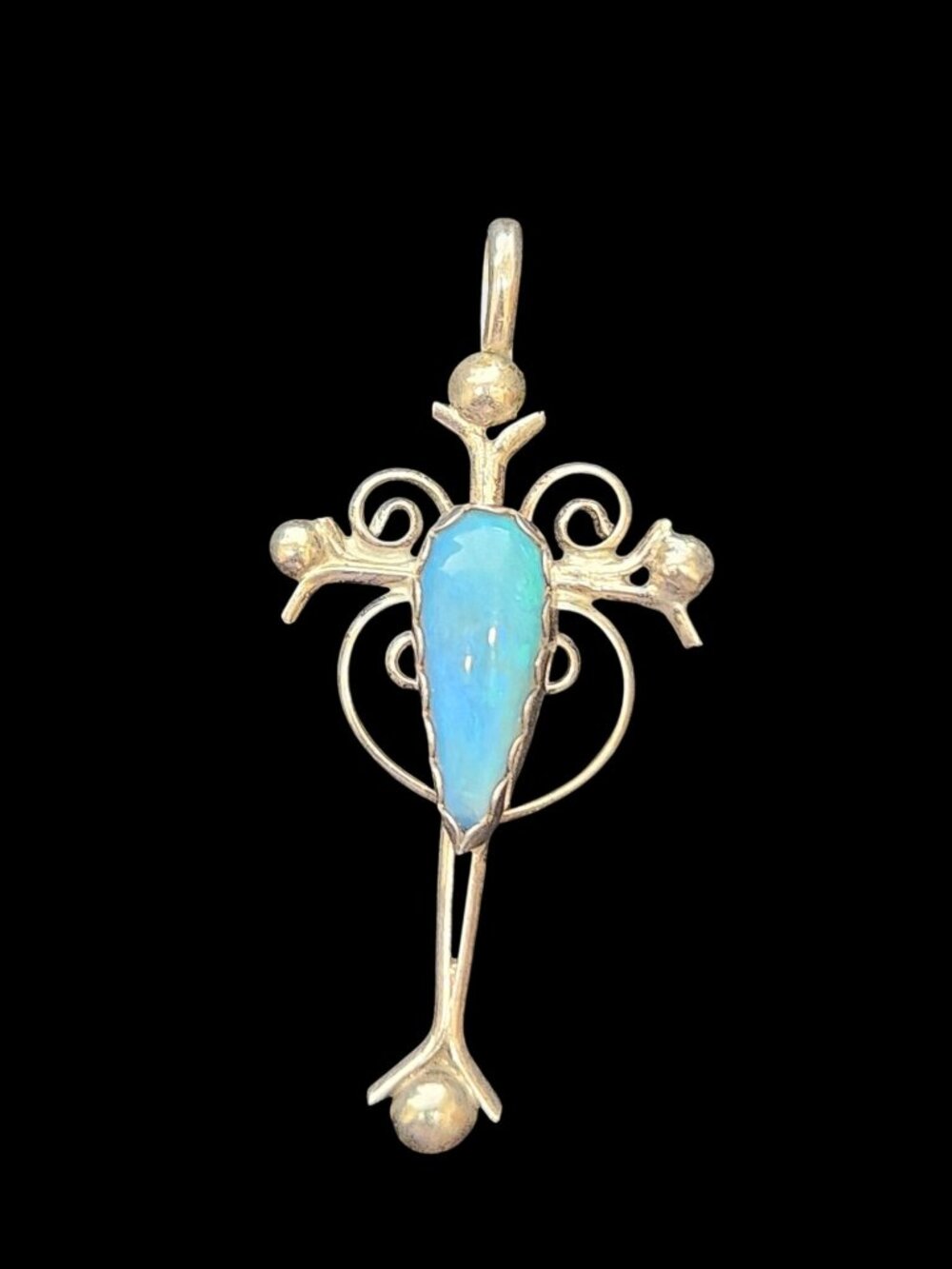 Unique One of a Kind  Blue Opal Cross Pendant With Intricate Design Vintage 1.75